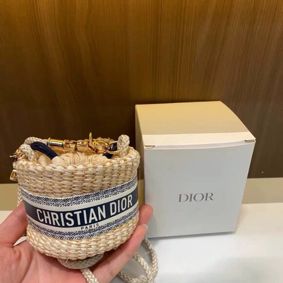 Dior Beige and Navy Woven Bucket Bag - Picture 1 of 14